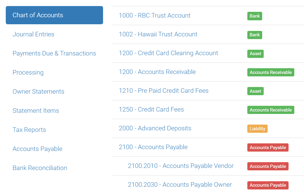 screenshot of LMPM's accounting menu and chart of accounts