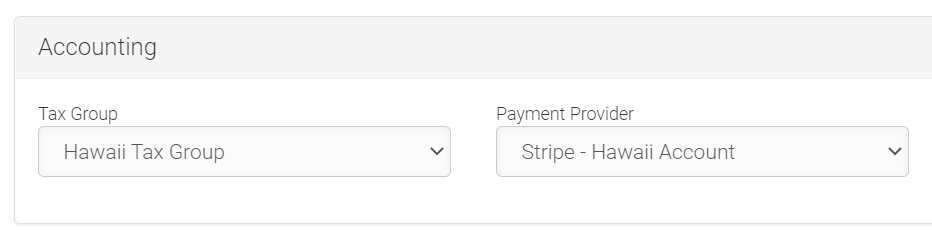 screenshot of tax group and payment provider selections in LMPM